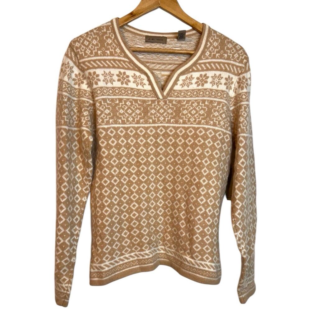 I. E. Relaxed Tan White Fair Isle Angora Wool Blend Pullover Sweater Medium New